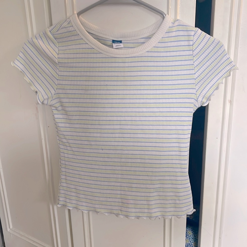 white,blue,and green striped fitted top it’s a size large (10-12)